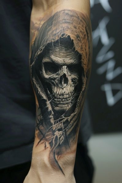 Hyper-Realistic Grim Reaper Face Tattoo Design