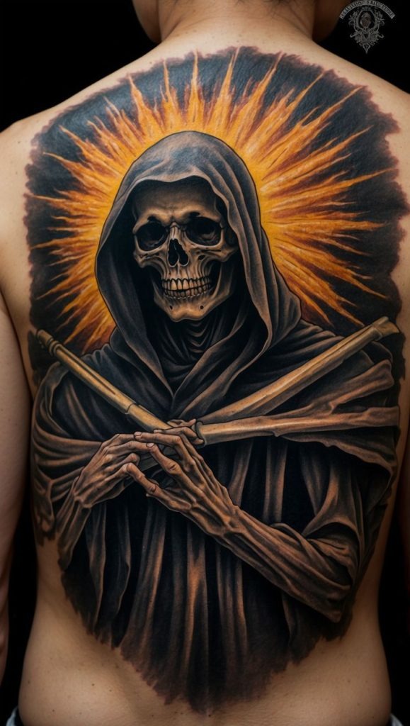 Mysterious Cloaked Reaper with Burning Aura Tattoo Design