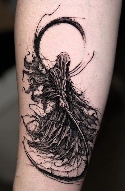 Sketch-Style Grim Reaper in Motion Tattoo Design