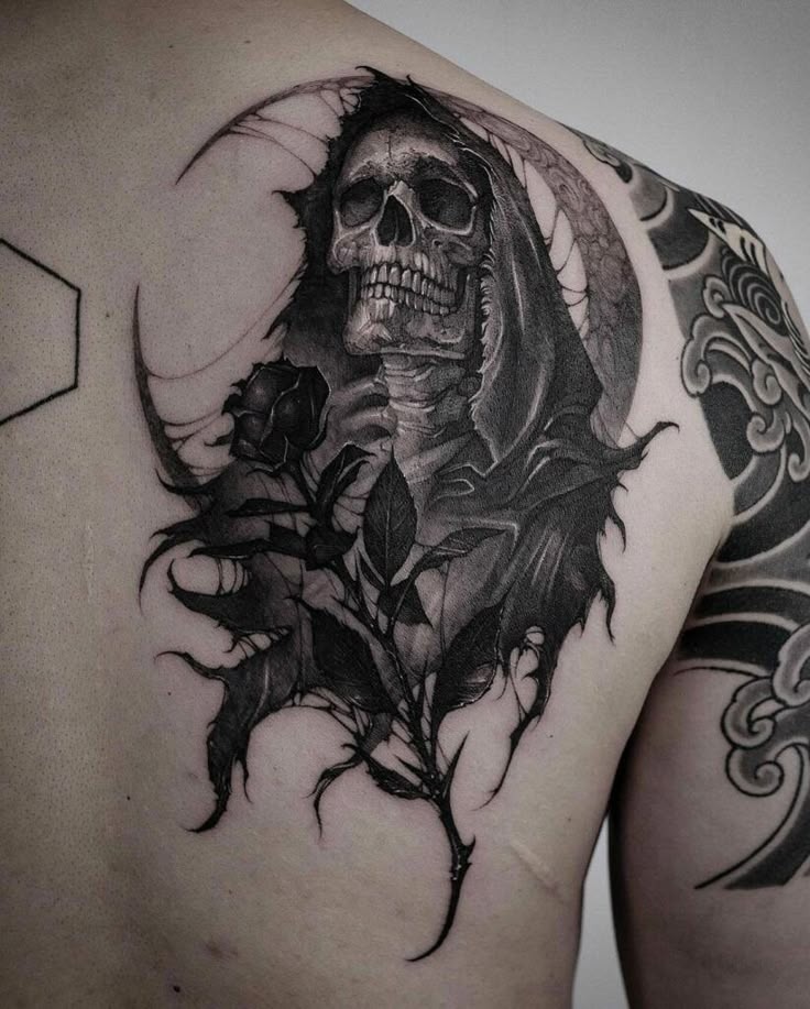 The Classic Hooded Reaper with a Black Rose Tattoo Design