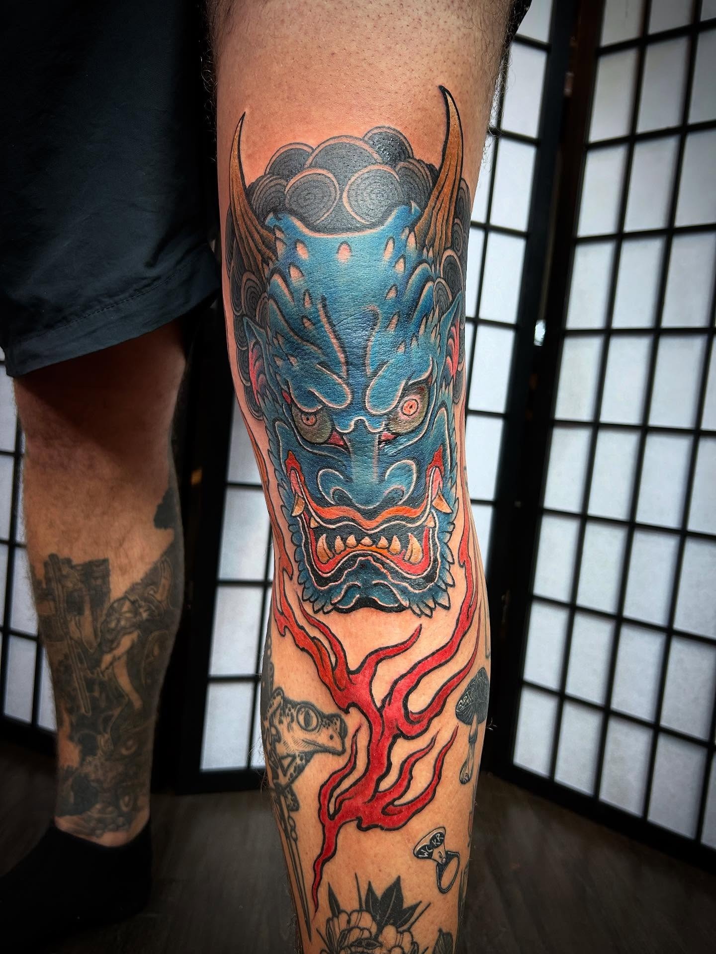 Blue Oni Mask and Flame Traditional Japanese Tattoo Tattoo Design