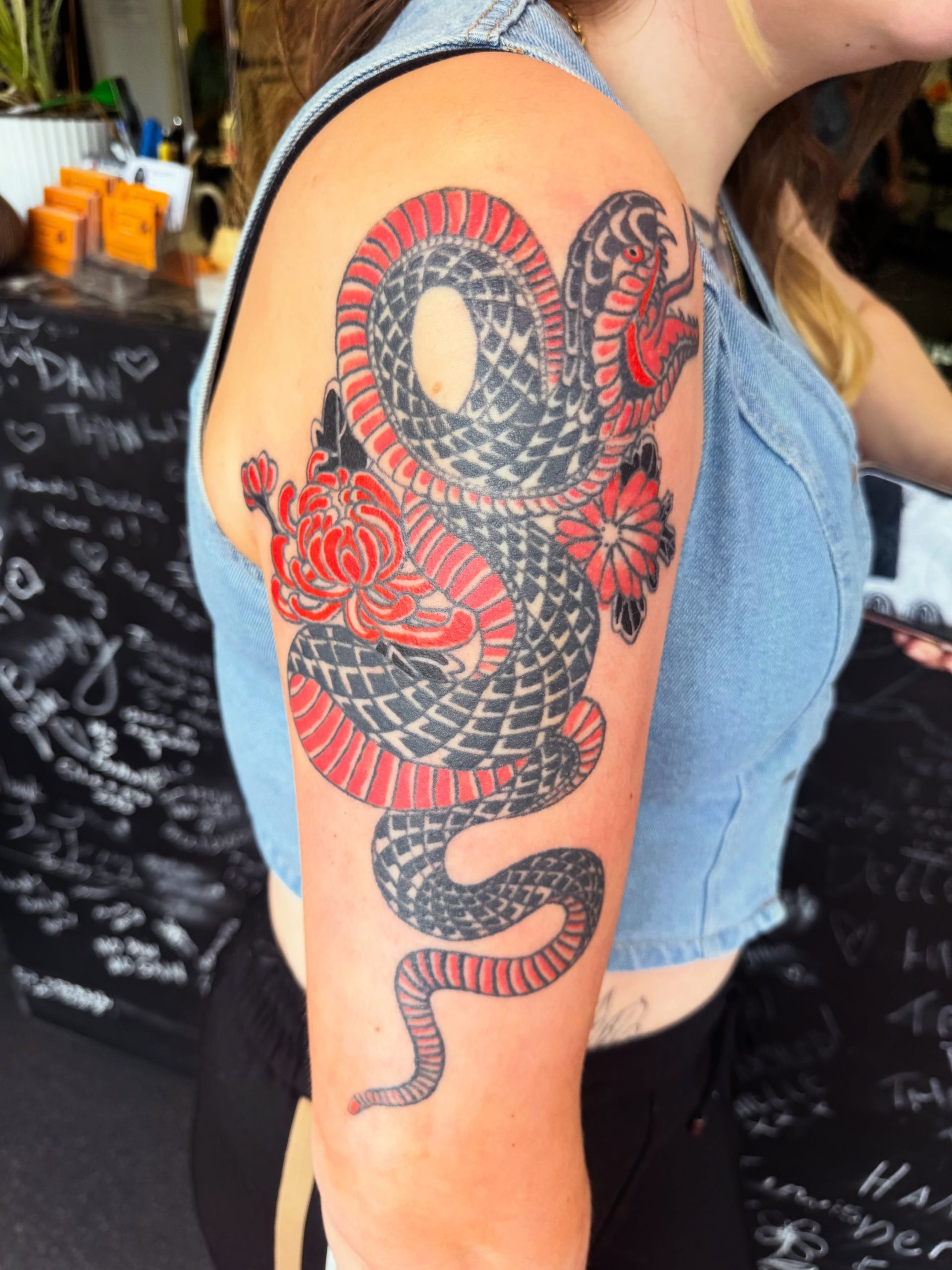 Coiled Snake and Chrysanthemum Traditional Japanese Tattoo Tattoo Design