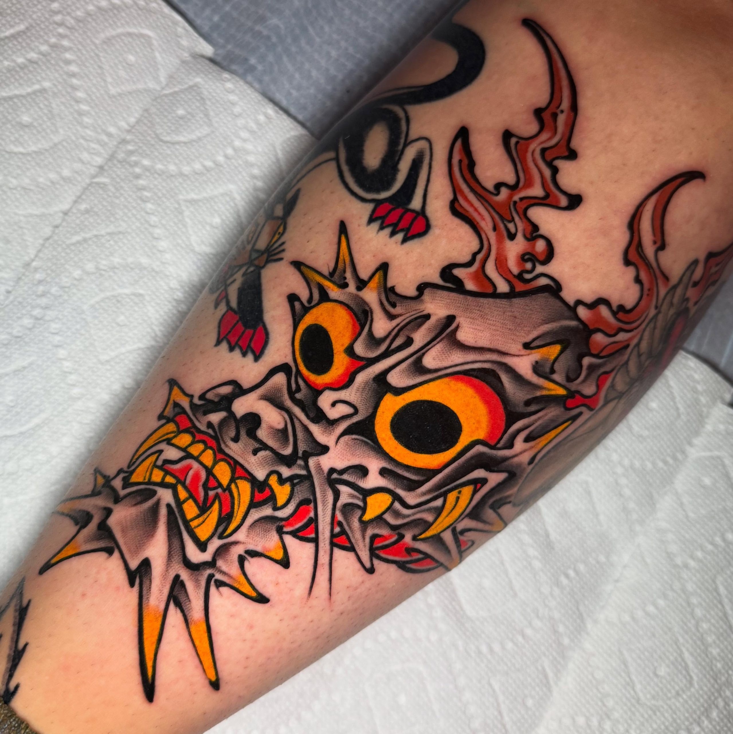 Dragon Skull and Flames Traditional Japanese Tattoo Tattoo Design