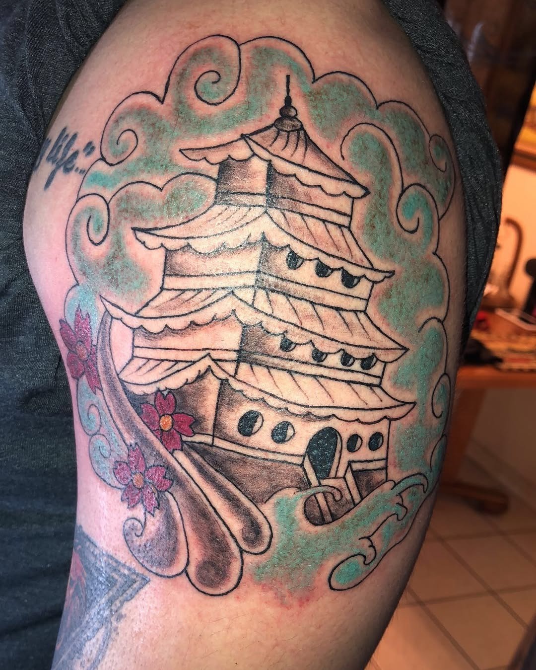 Japanese Castle and Green Cloud Traditional Japanese Tattoo Tattoo Design