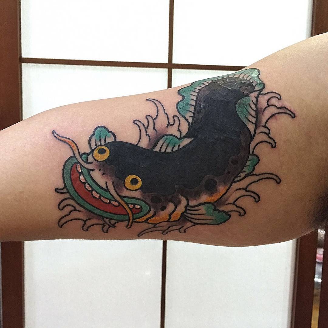 Namazu Catfish and Water Traditional Japanese Tattoo Tattoo Design