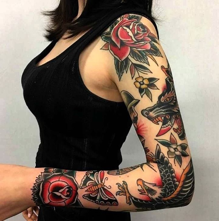 Fierce Wolf & Floral Sleeve Tattoo Design