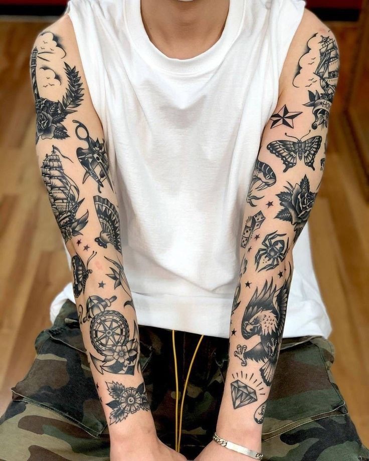 Full Traditional Sleeve Mix Tattoo Design