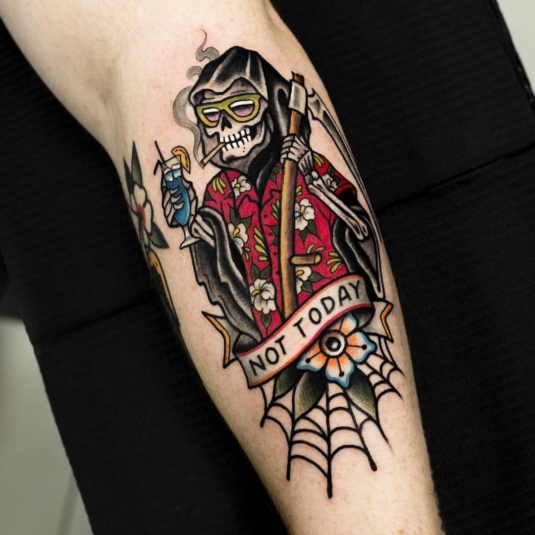 Grim Reaper Vacation Scene Tattoo Design
