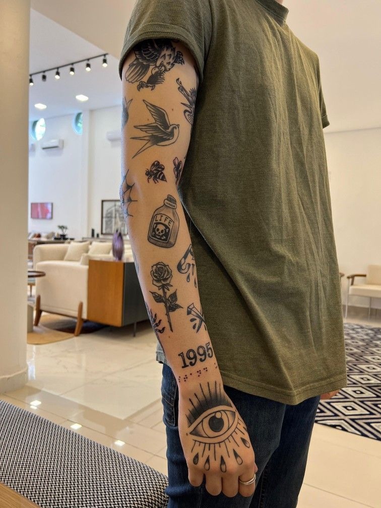 Mixed Icons Arm Story Tattoo Design