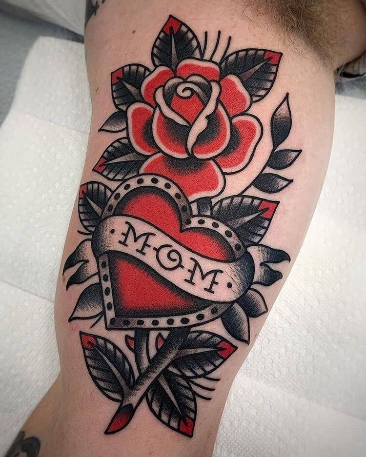 Mom Heart & Rose Classic Tattoo Design
