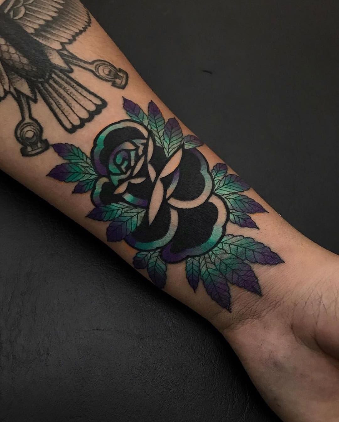 Teal & Purple Old School Rose Tattoo Design