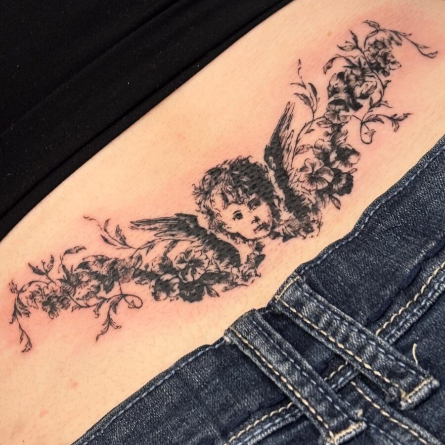 Stylish angel and floral tramp stamp tattoo Tattoo Design