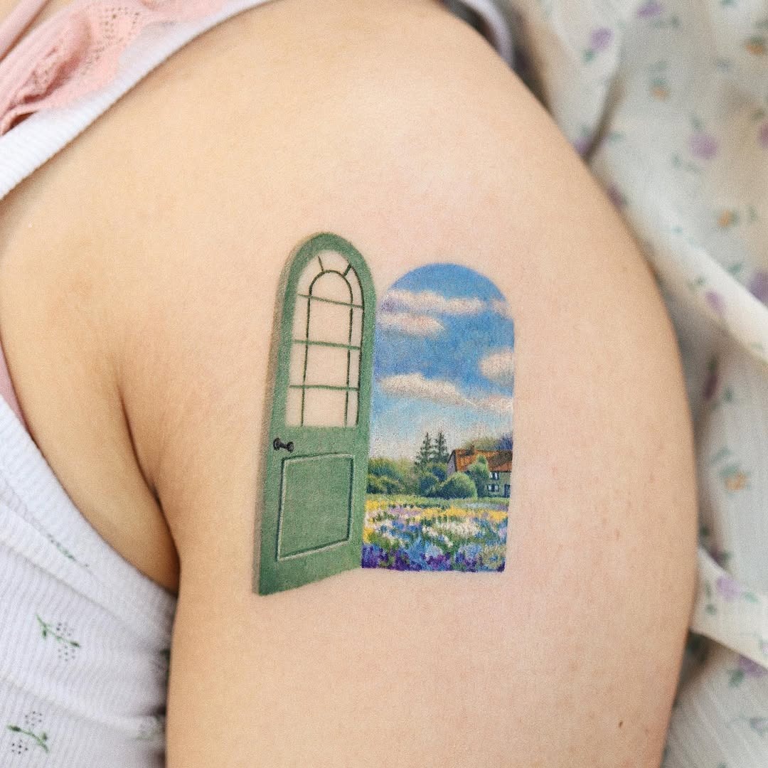 A whimsical door leading to serene landscapes Tattoo Design