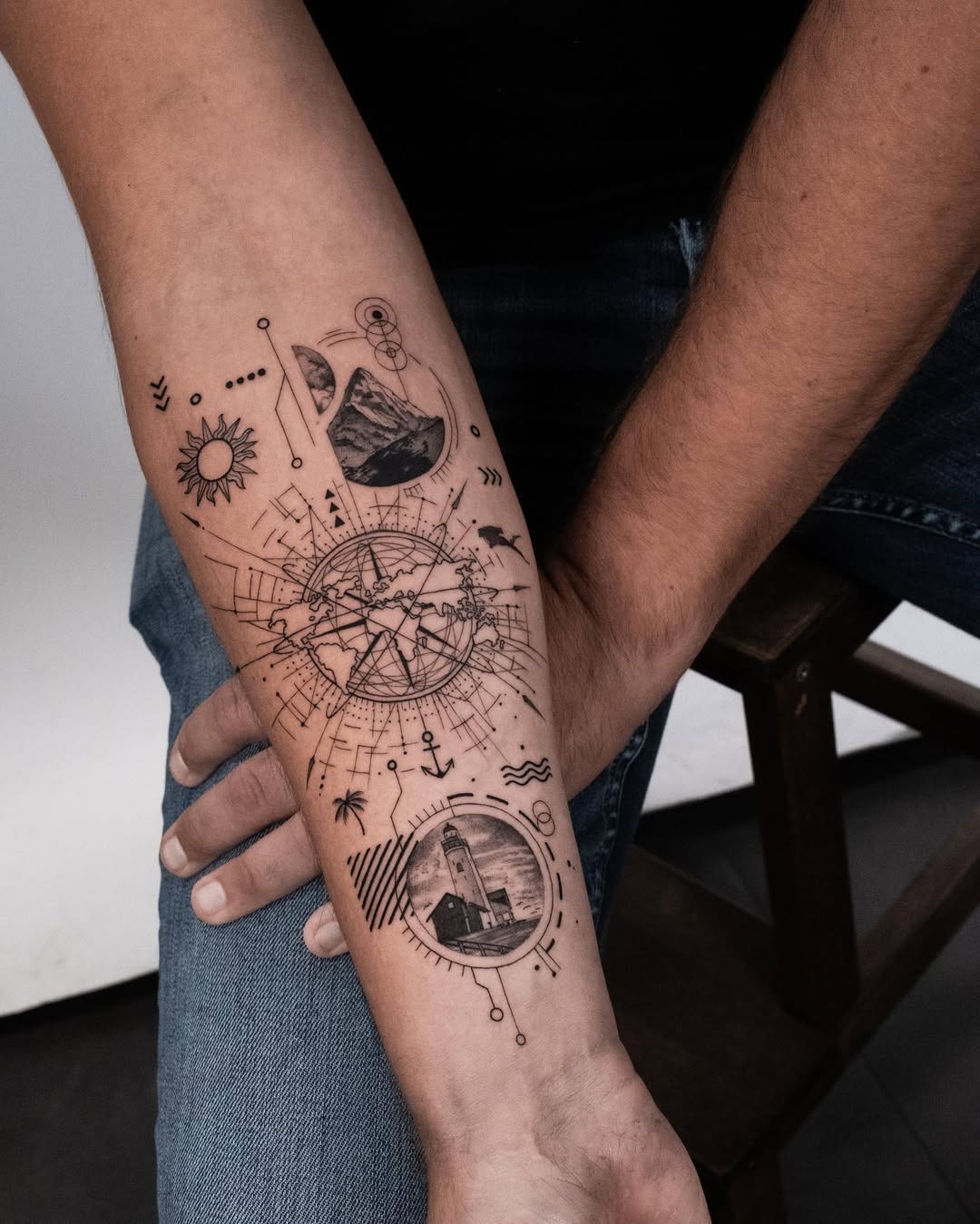 Intricate compass and landscape tattoo design. Tattoo Design
