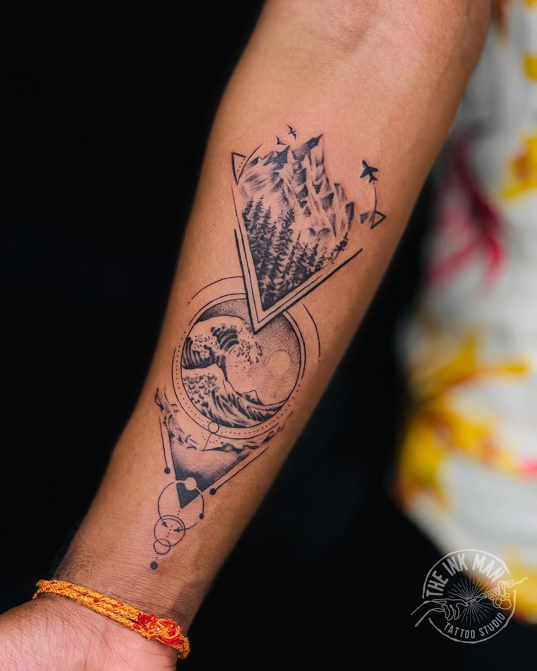 Stunning mountain and wave travel tattoo design Tattoo Design