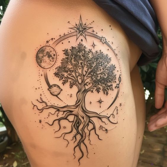 Celestial Thigh Tree Tattoo Tattoo Design