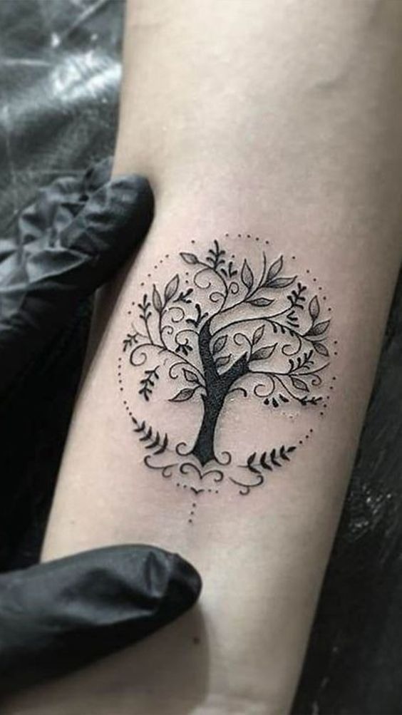 Delicate Botanical Tree Circle Tattoo Tattoo Design