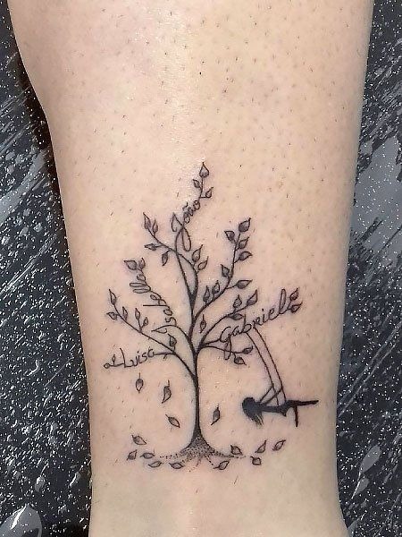 Family Name Tree Tattoo with Heartbeat Detail Tattoo Design