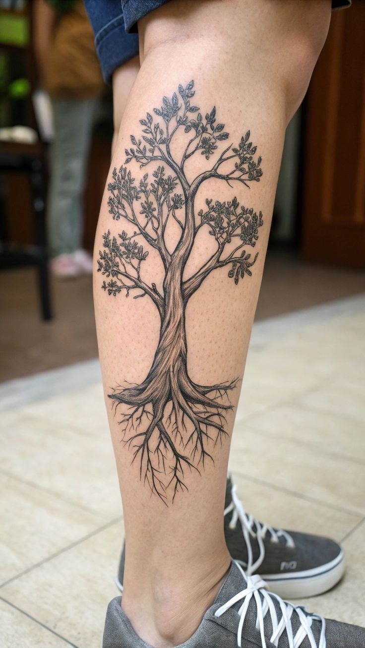 Fine Line Leg Tree Tattoo Tattoo Design