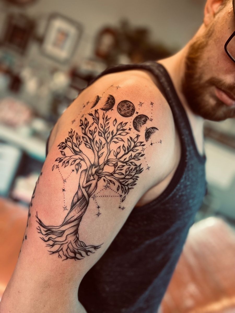 Moon Phase Shoulder Tree Tattoo Tattoo Design