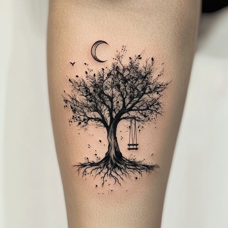 Moonlit Tree with Swing Tattoo Tattoo Design