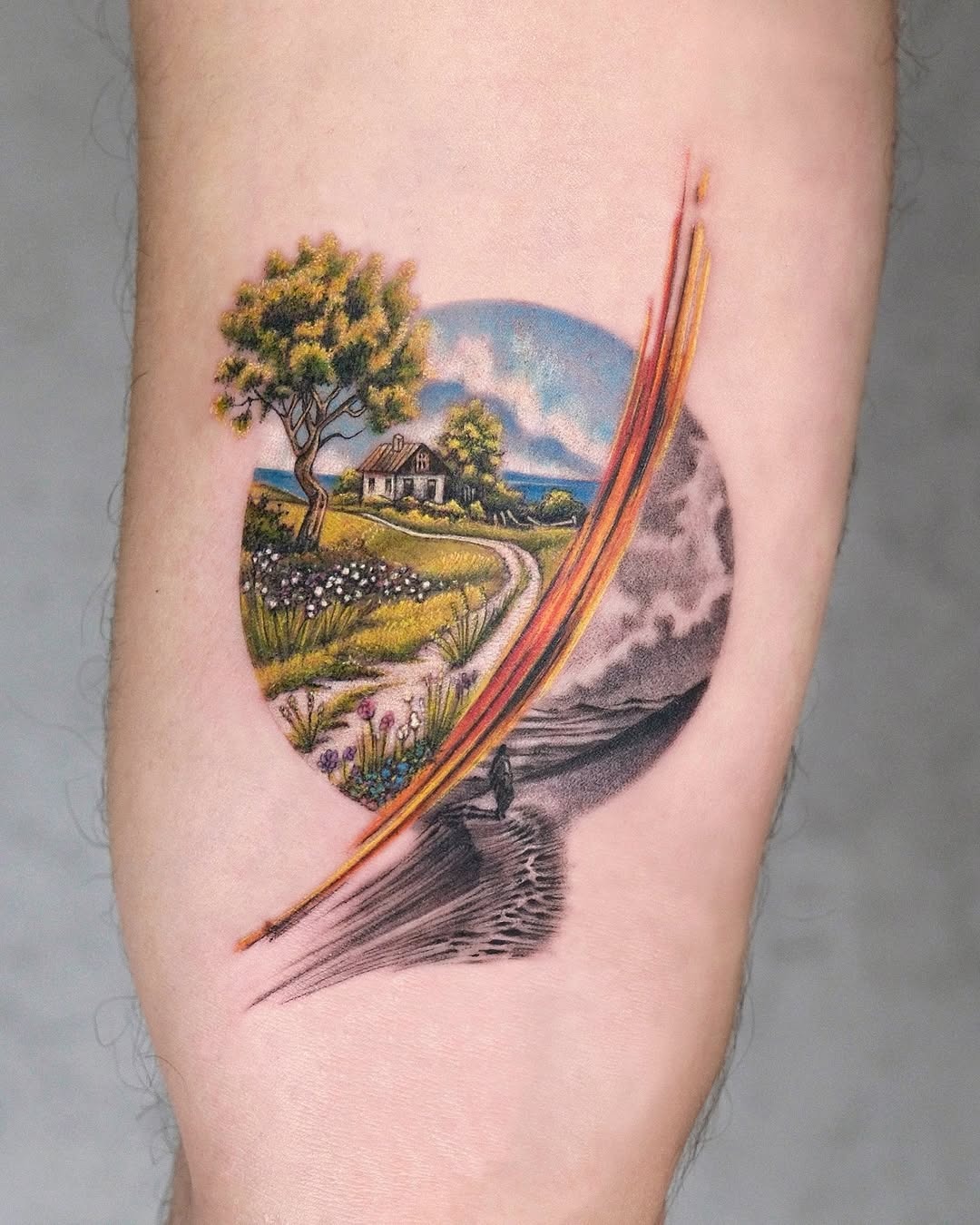 A scenic tree tattoo capturing nature's beauty. Tattoo Design