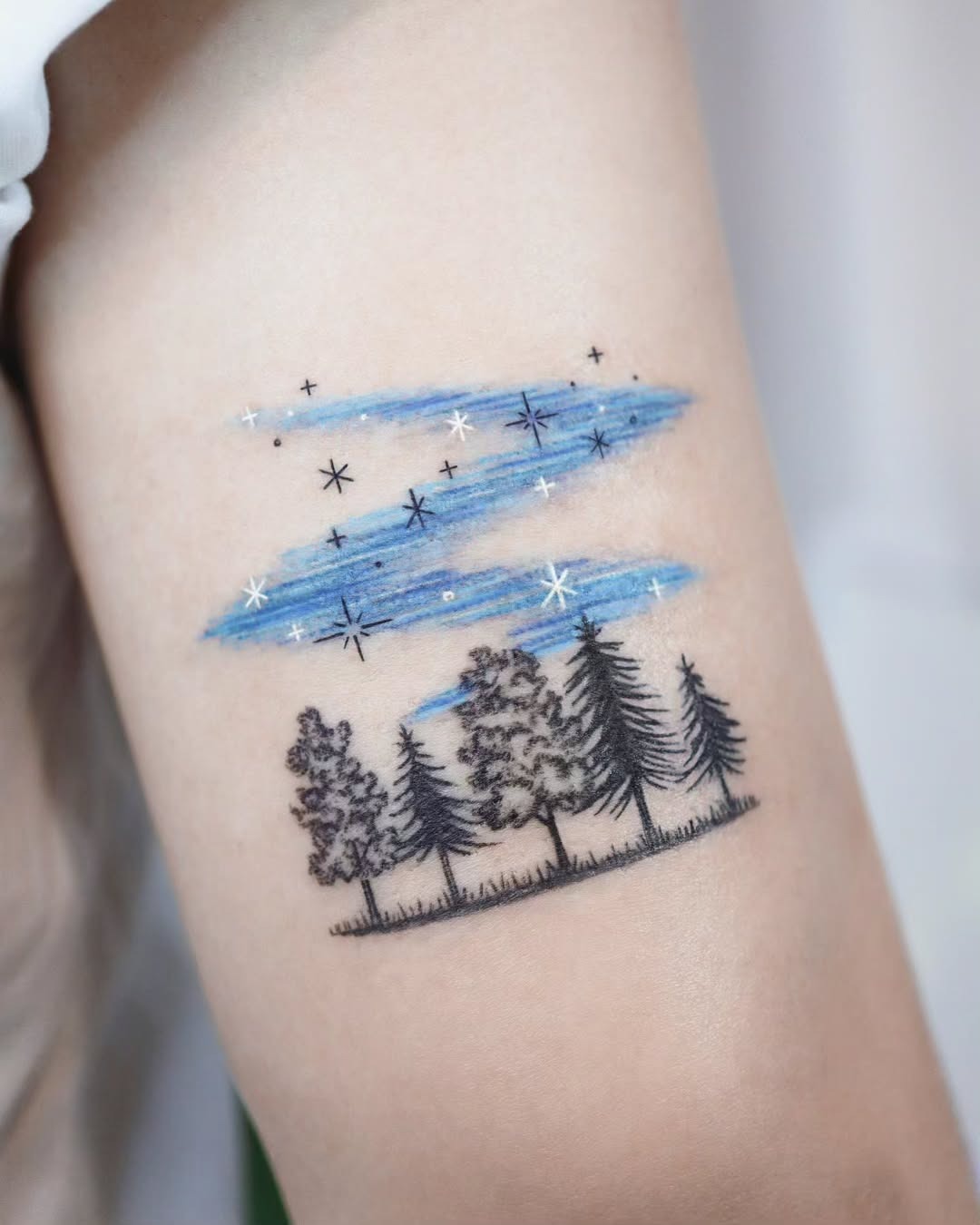 Enchanting tree tattoo under a starry sky Tattoo Design