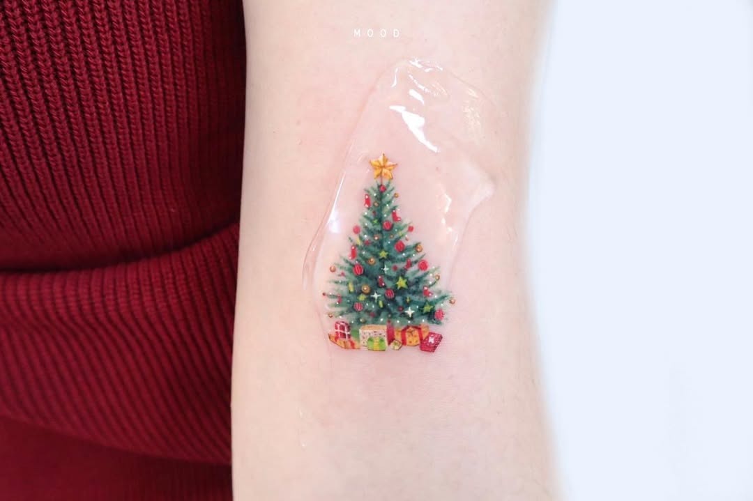 Festive Christmas Tree Tattoo with Gifts Galore Tattoo Design