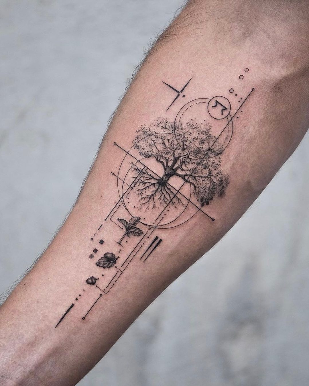 Intricate tree tattoo with geometric accents Tattoo Design