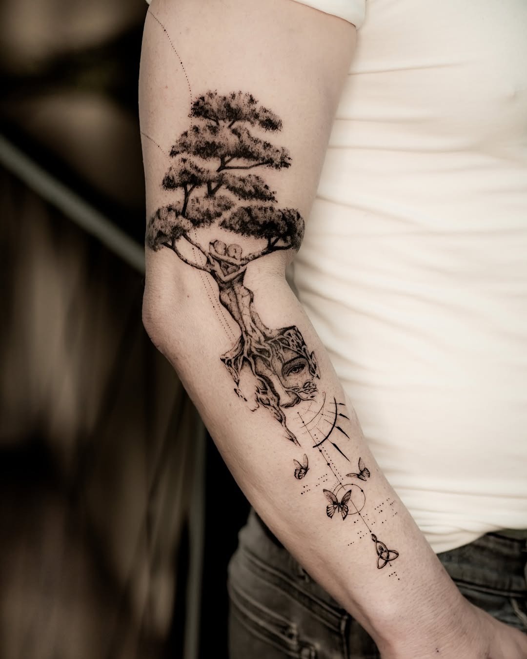 Intricate tree tattoo with whimsical stars Tattoo Design