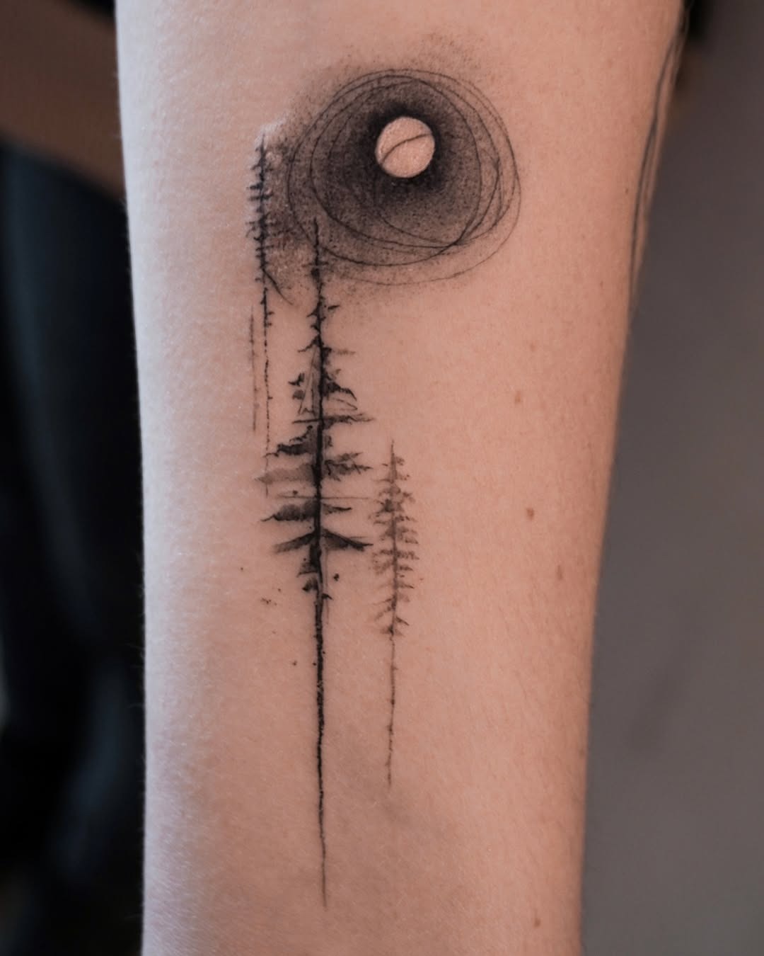 Minimalist tree tattoo with a moon motif Tattoo Design