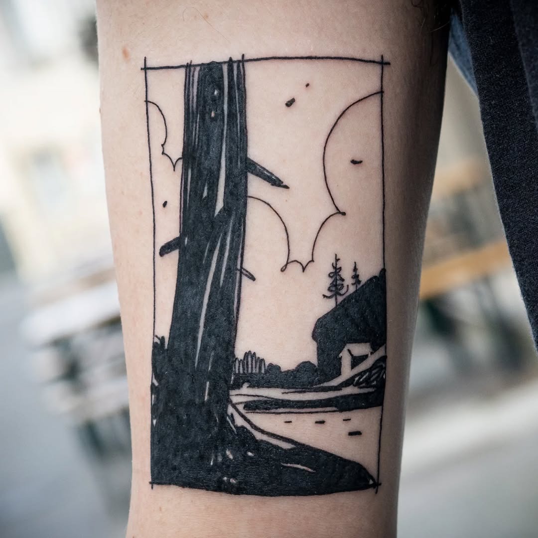 Minimalist tree tattoo with serene landscape vibes Tattoo Design
