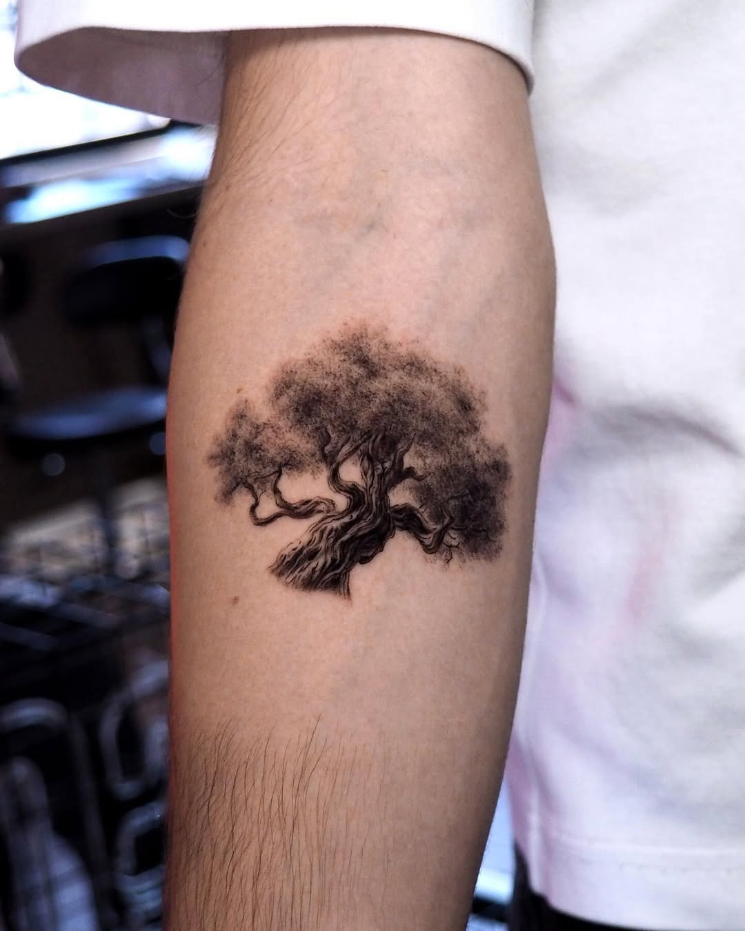 Stunning tree tattoo with a mountain view Tattoo Design