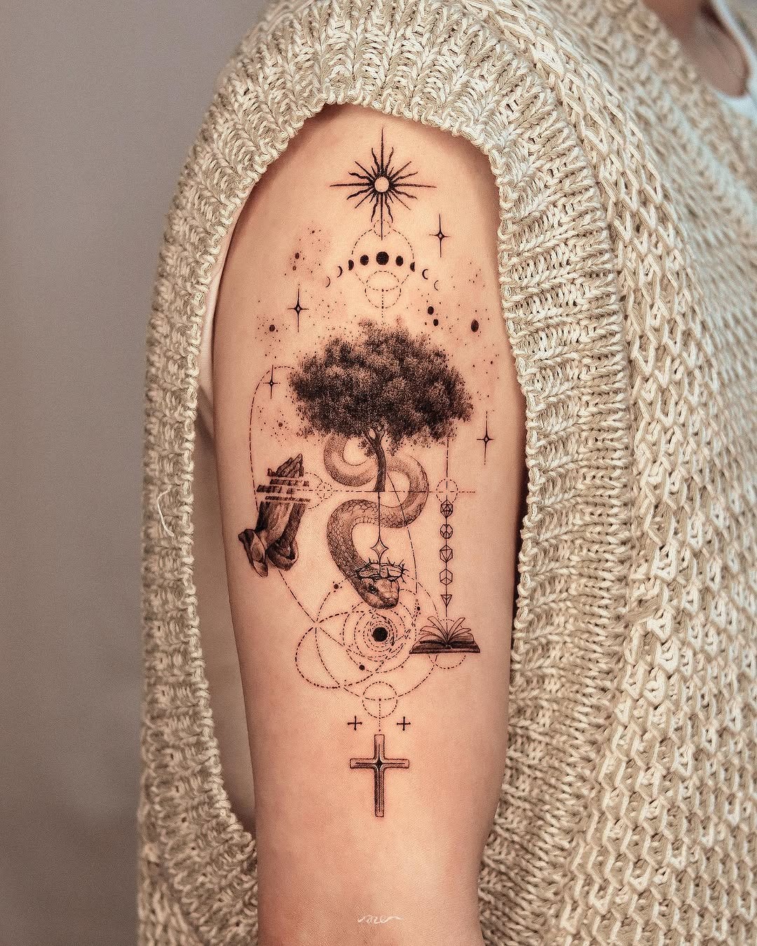 Unique tree tattoo with cosmic elements and snake Tattoo Design