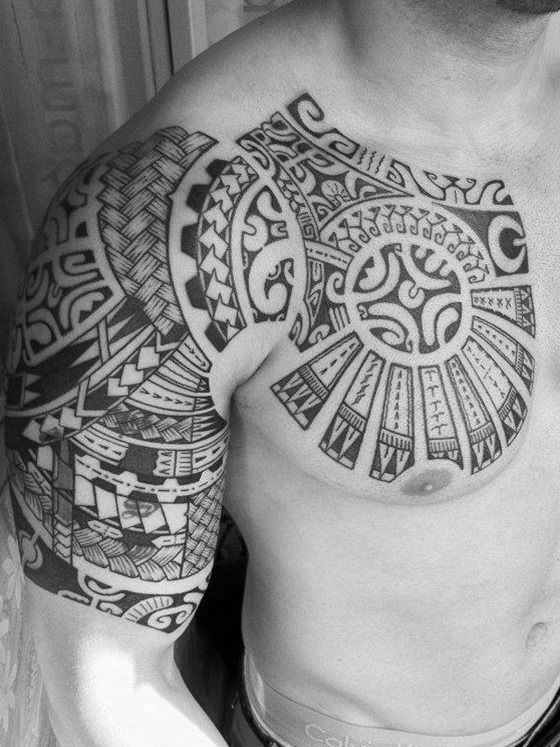 Modern Samoan Sleeve and Chest Tattoo Tattoo Design