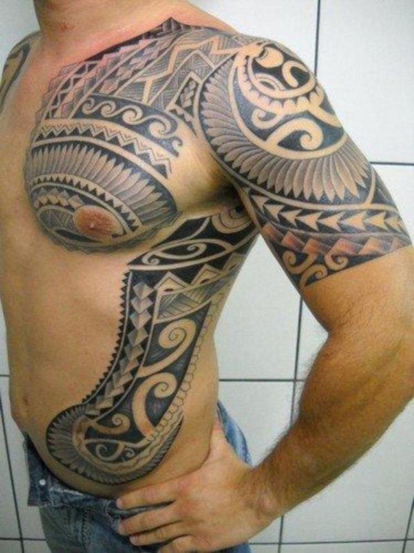 Samoan Chest and Half-Sleeve Tattoo for Men Tattoo Design