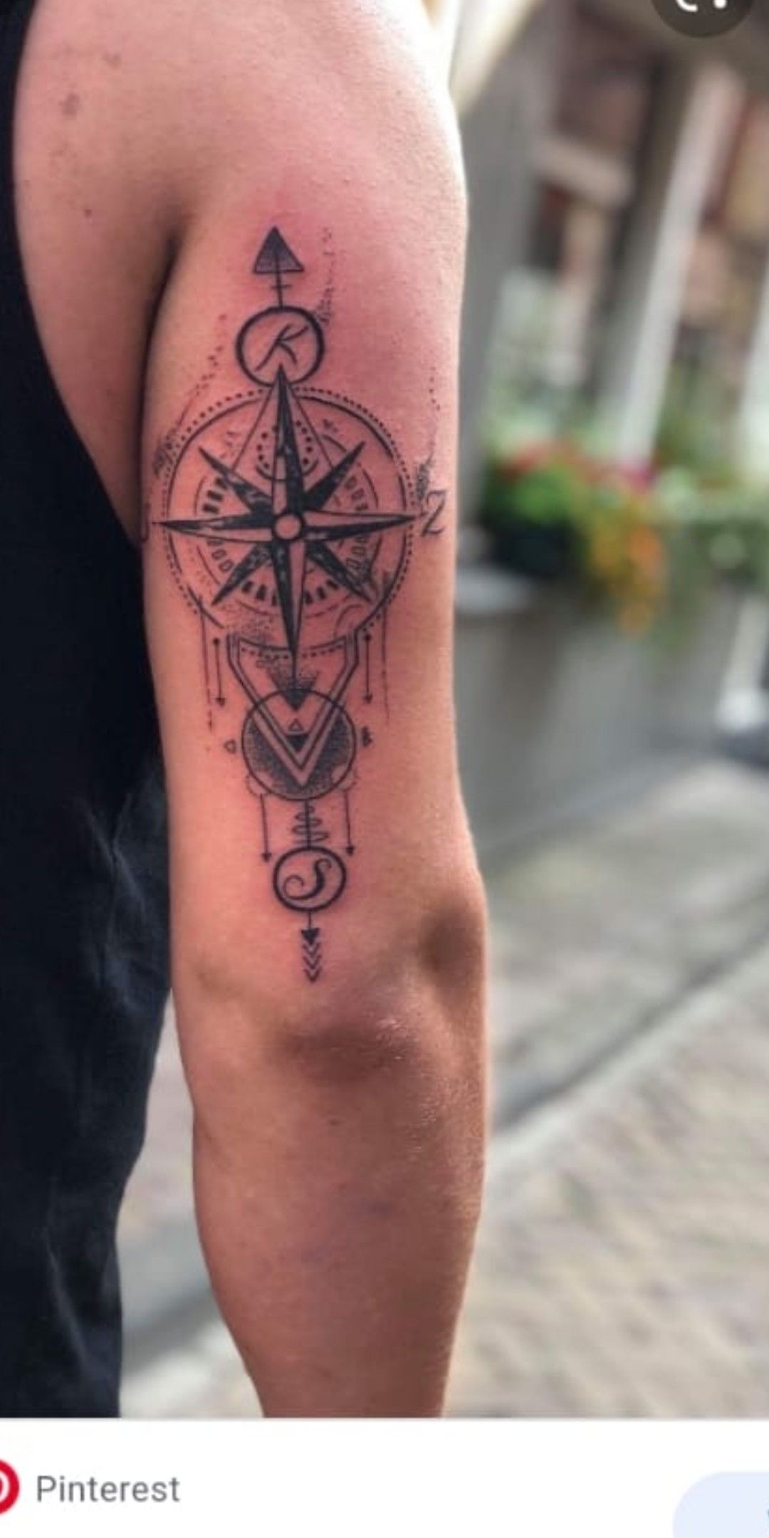 Compass Geometry Tricep Tattoo, a tattoo design rendered in dotwork.
