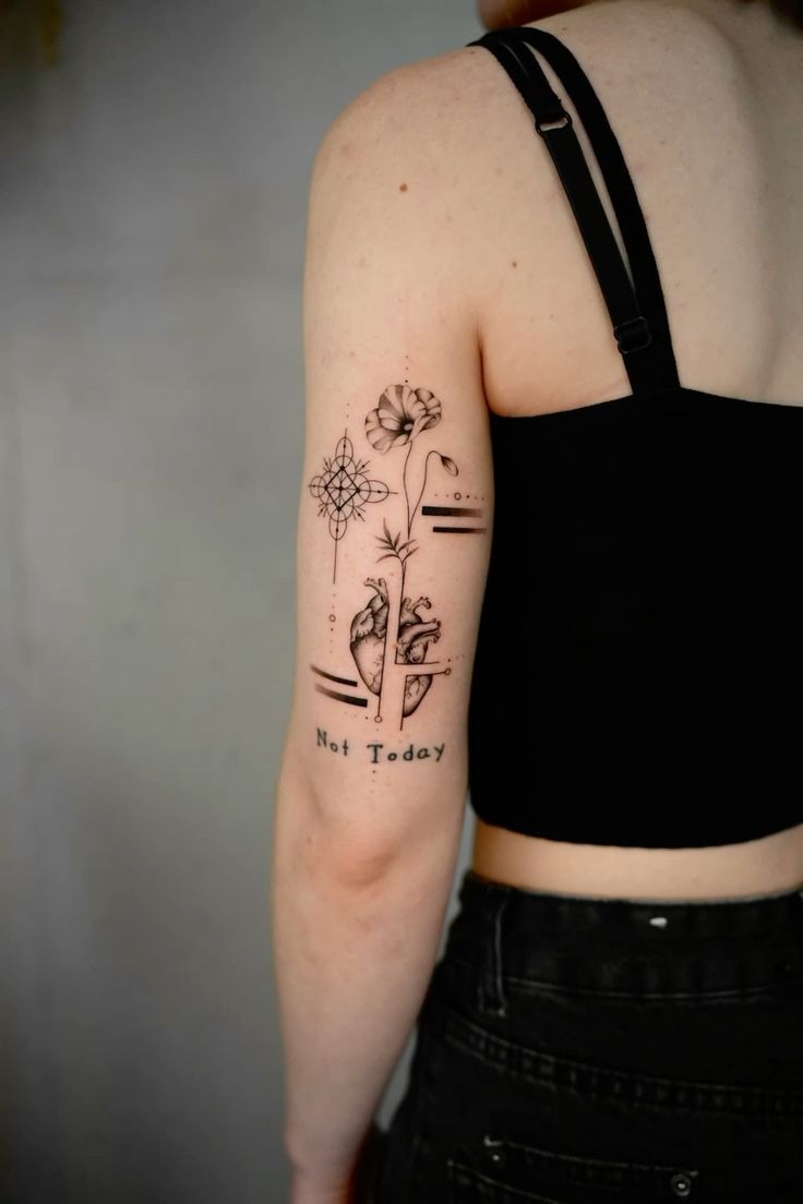 Fine Line Heart + Geometry Tricep Tattoo, a tattoo design rendered in geometric for the arm.