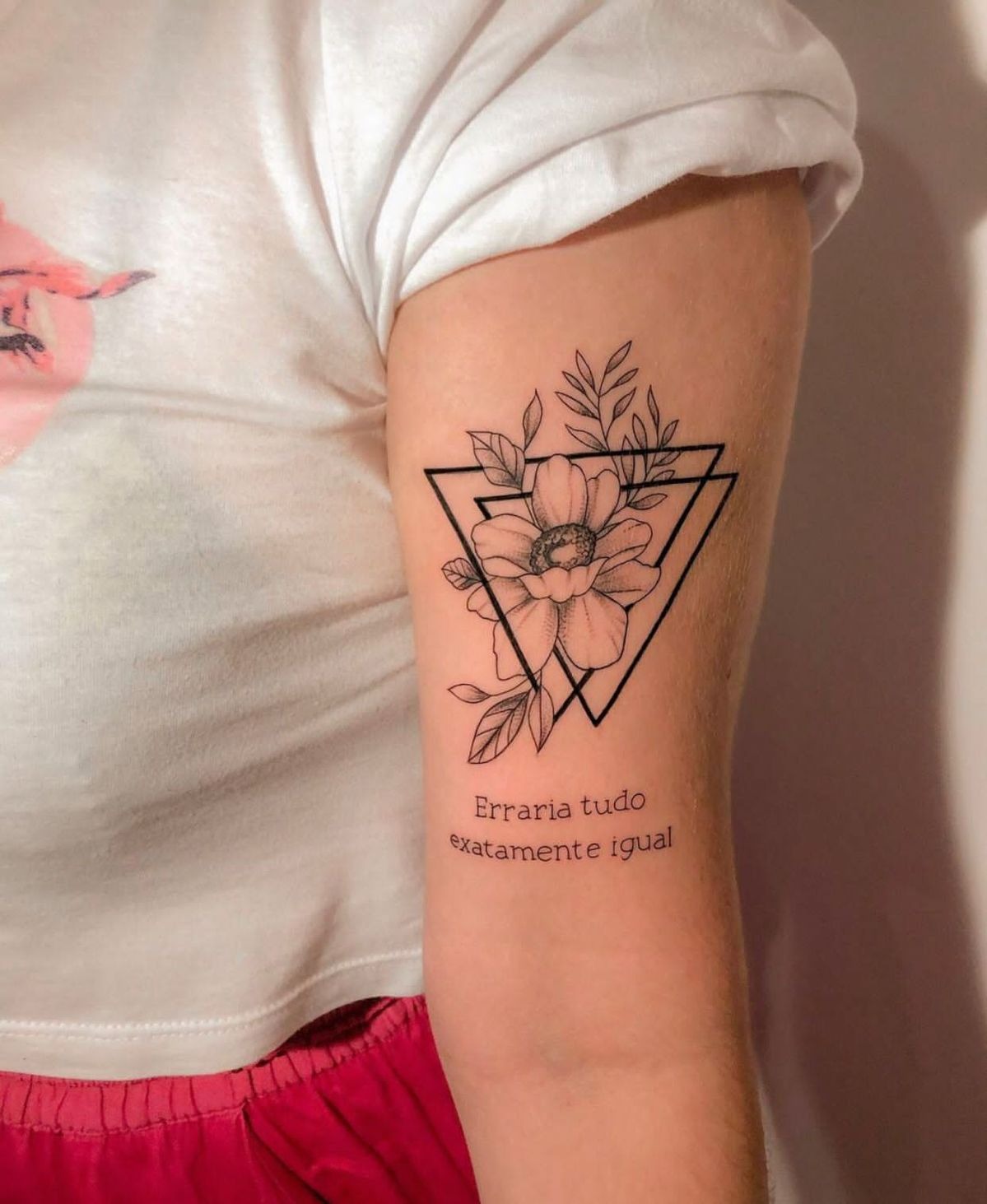 Geometric Flower + Quote Tricep Tattoo, a tattoo design rendered in clean detailed linework for the arm.