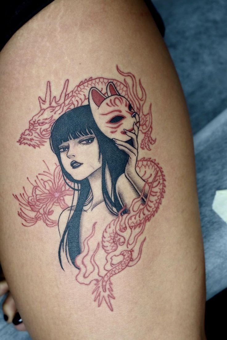 Japanese Dragon + Mask Tricep Tattoo, a tattoo design rendered in bold.