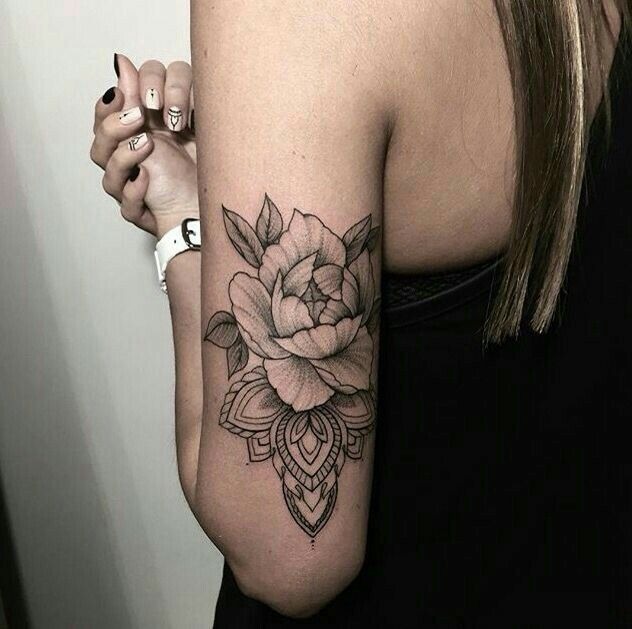 Peony Mandala Tricep Tattoo, a tattoo design rendered in clean detailed linework for the back.