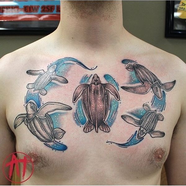 Five Swimming Leatherback Sea Turtles Tattoo Design