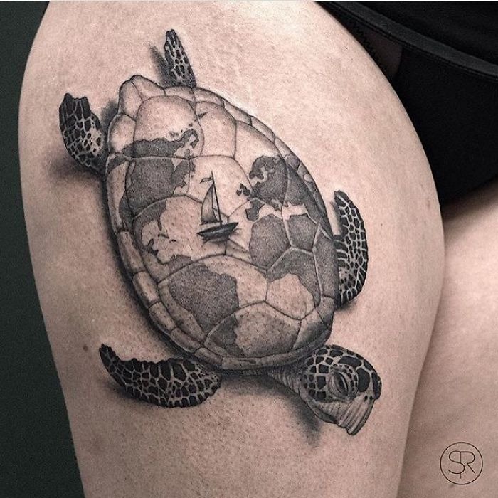 Sea Turtle with Continents on Back Turtle Tattoos Tattoo Design