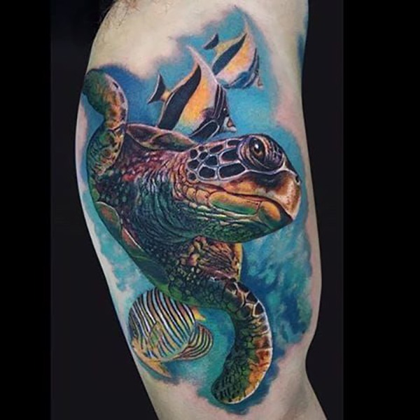 Swimming Green Sea Turtle and Fish Turtle Tattoos Tattoo Design