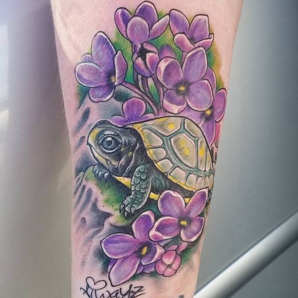 Tiny Turtle with Purple Flowers Turtle Tattoos Tattoo Design