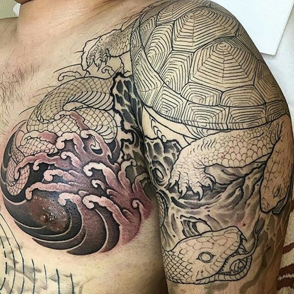 Tortoise and Snake Tattoo on Waves Turtle Tattoos Tattoo Design