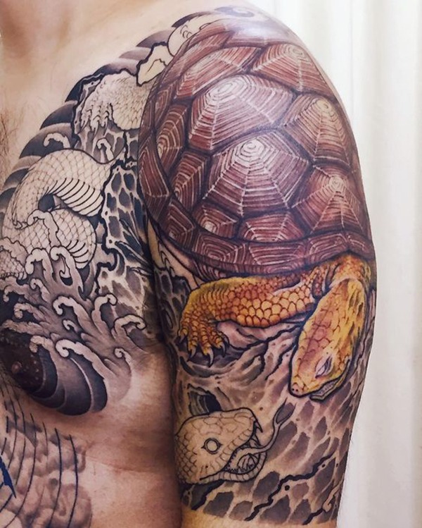Tortoise and Snake with Partial Color Turtle Tattoos Tattoo Design
