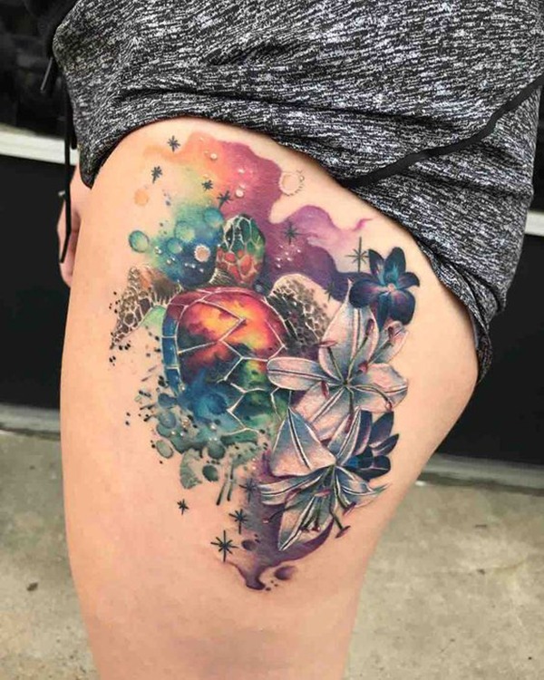 Watercolor Sea Turtle and Flowers Turtle Tattoos Tattoo Design