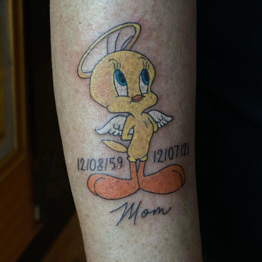 A heartfelt Tweety tattoo dedicated to Mom Tattoo Design