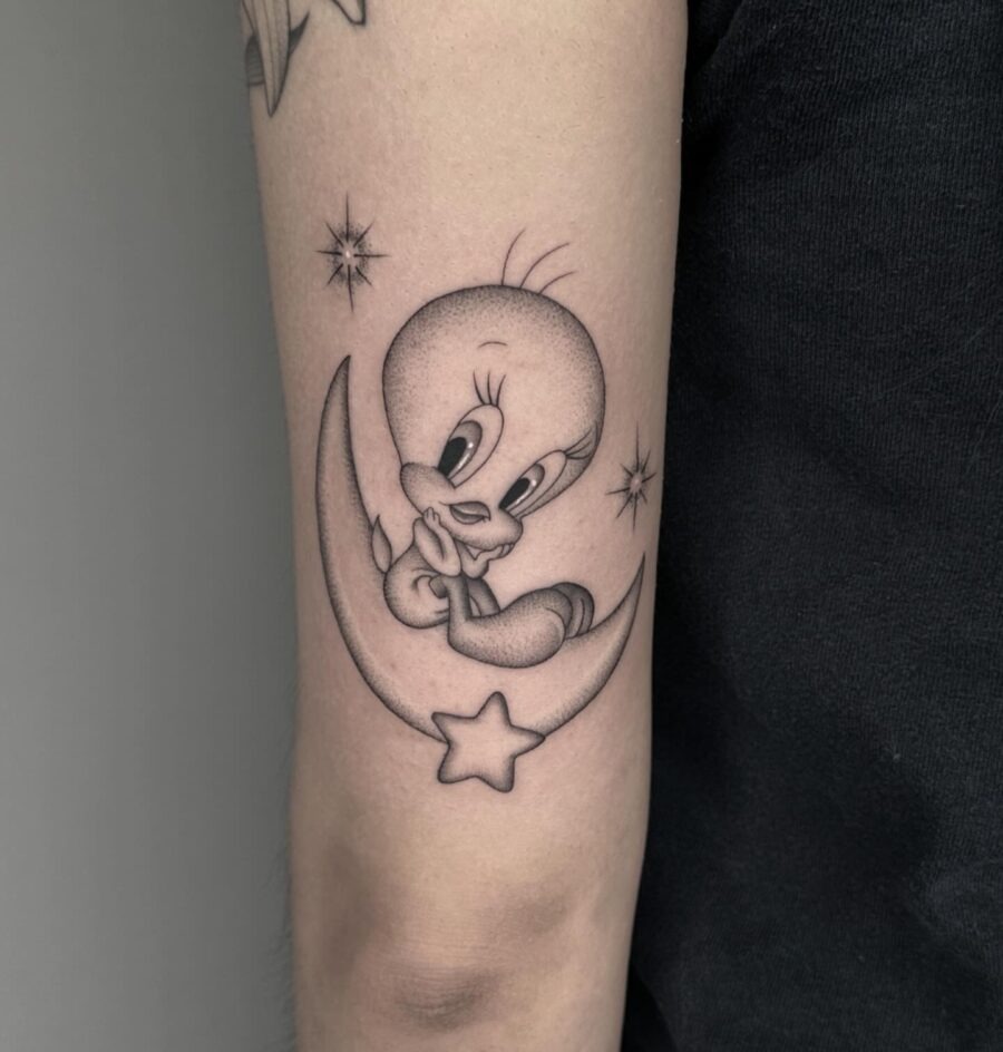 Charming Tweety Bird Tattoo on Moon Tattoo Design